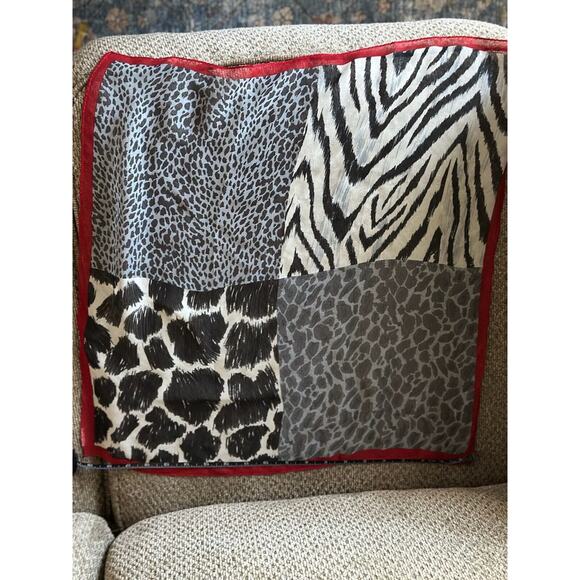 Silk Animal Print Scarf 21” X 21” Transparent Red, Black &‎ White - Picture 8 of 8